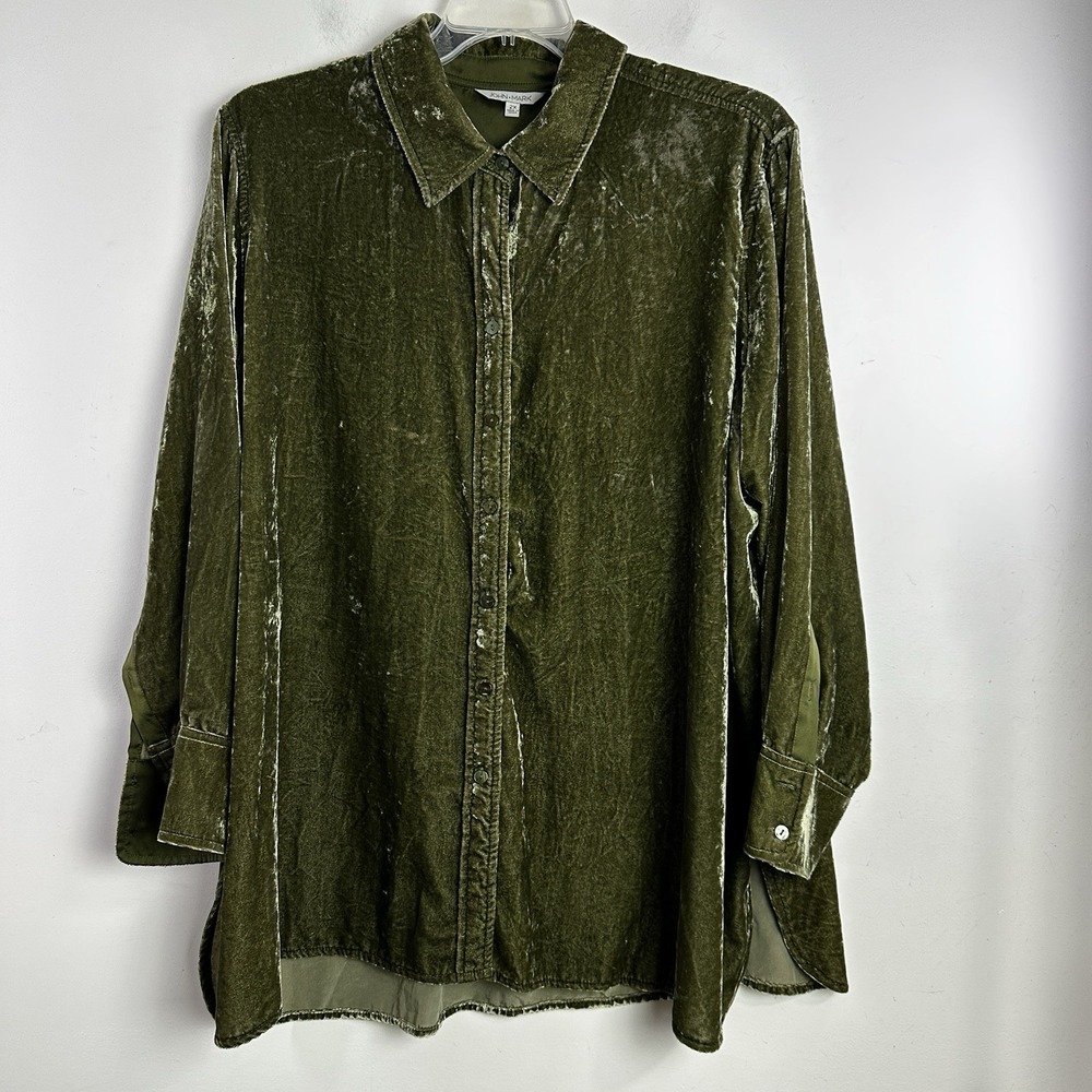 John Mark Velvet Top Shirt Long Sleeve Button Tunic Satin Trim Green Size 2X